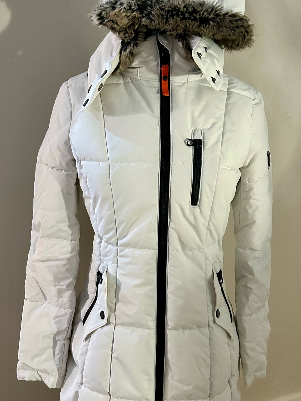 Nautica White Women's Quilted Winter Coat with Faux Fur Hood